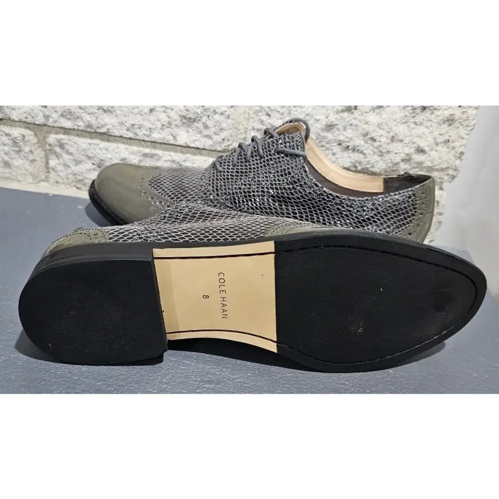 Cole Haan Snake Skin Oxfords, Patent leather, Olive green, Women’s Sz 8